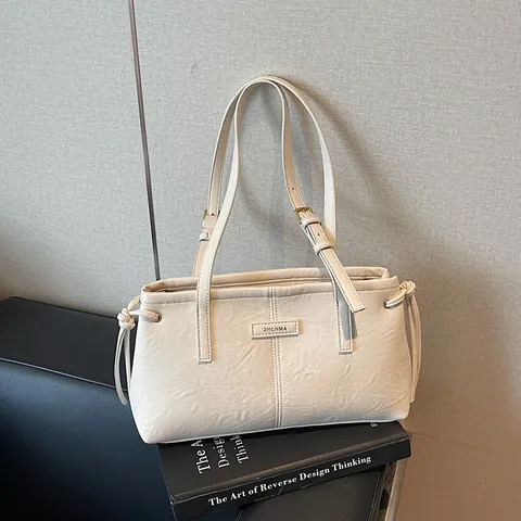 Women Retro PU Leather Underarm Shoulder Bag Large Capacity Adjustable Strap Drawstring Fashion Commuter Handbag Tote