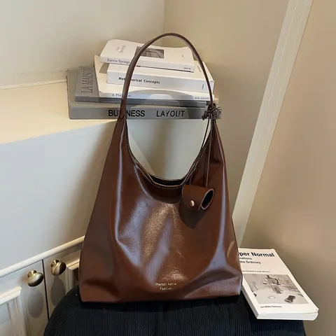 Women Large Capacity PU Leather Hobo Shoulder Bag Vintage Minimalist Tote Bag With Pendant Pouch Office Commute Handbag