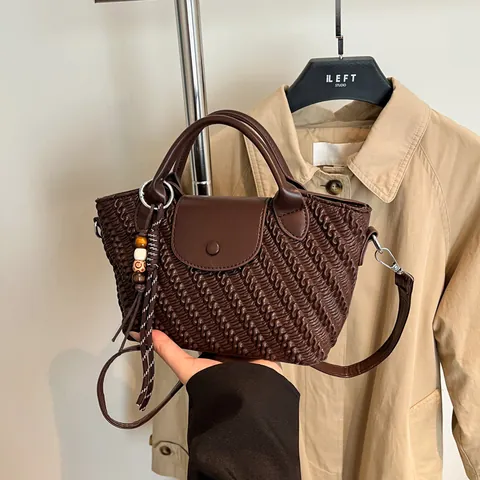 Damen Gewebte PU Leder Dumpling Tasche Mit Perlen Quaste Vintage Einfache Schulter Umhängetasche Mode Handtasche Alltag