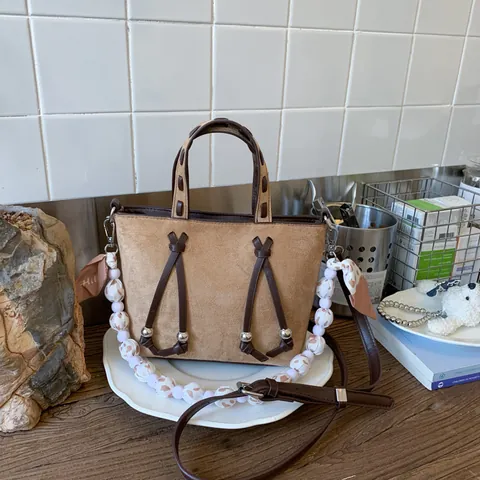 Women Vintage PU Suede Underarm Bag With Beaded Strap Fashion Leopard Print Shoulder Tote Bag Casual Commute Large Capacity Handbag