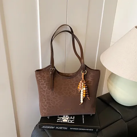 Women Vintage Leopard Print Large Capacity PU Leather Tote Bag With Beaded Tassel Charm Fashion Commuter Shoulder Bag