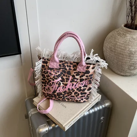 Damen Leopardenmuster Fransen Leinwand Tragetasche Große Kapazität Buchstabendruck Handtasche Abnehmbare Schultergurt Umhängetasche