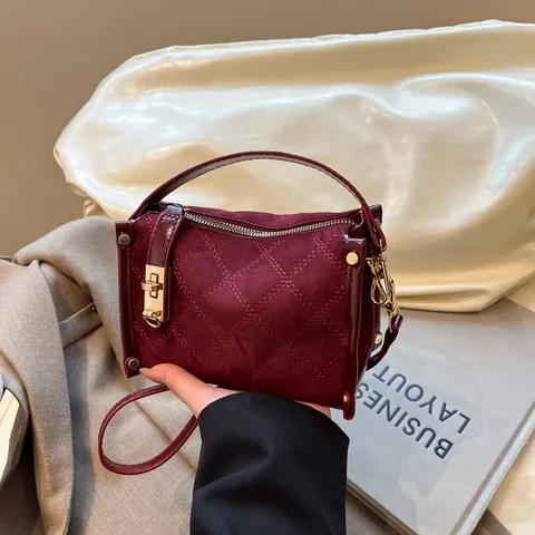 Vintage Women Suede Diamond Quilted Crossbody Bag Elegant Handheld Square Bag Metal Clasp Shoulder Satchel Daily Office Bag
