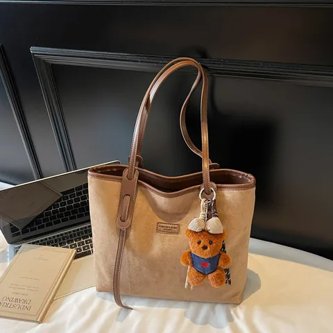 Women Large Capacity Flannel Tote Bag Suede-like Casual Shoulder Bag For Commuting School Office With Bear Pendant Accessory
