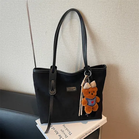 Women Large Capacity Flannel Tote Bag Suede-like Casual Shoulder Bag For Commuting School Office With Bear Pendant Accessory