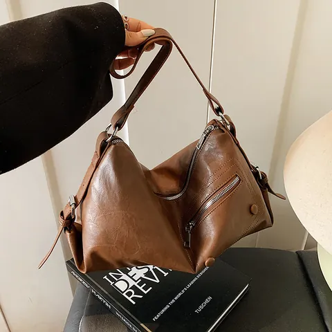 Vintage PU Leather Shoulder Bag For Women Retro Zipper Decor Underarm Hobo Bag Adjustable Strap Casual Crossbody Bag