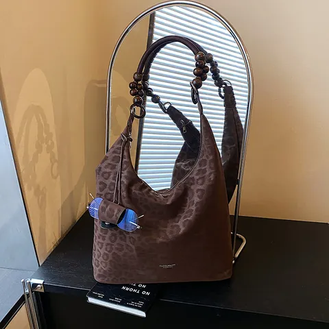 Damen Retro Wildleder Große Kapazität Tote Bag Holzperlen Gurt Leopardenmuster PU Leder Umhängetasche Für Büro Pendeln