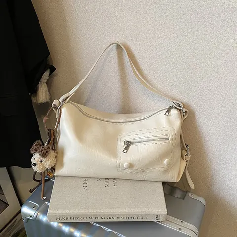 Vintage PU Leather Shoulder Bag For Women Retro Zipper Decor Underarm Hobo Bag Adjustable Strap Casual Crossbody Bag