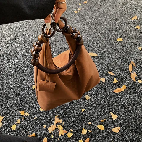 Women's Large Capacity Tote Bag Retro Hobo Shoulder Bag With Wooden Bead Handle PU Leather Leopard Print Underarm Commute Bag