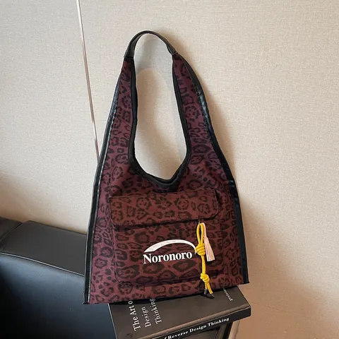 Women Leopard Print Suede Tote Bag Large Capacity Vintage Hobo Shoulder Bag With Flap Pocket Tassel Charm Casual Handbag