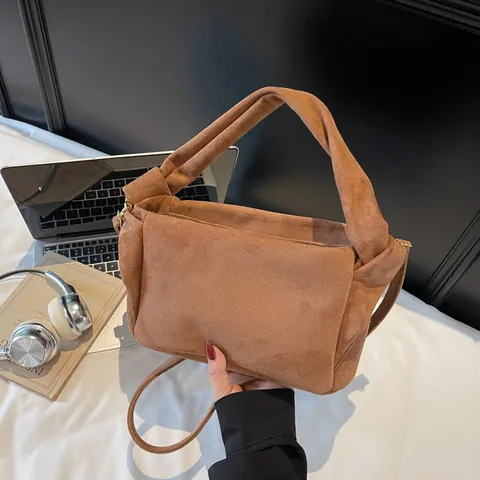 Bolso de Hombro Casual de Ante para Mujer Estilo Japonés Minimalista Color Sólido Bolso de Axila Plisado Bolso Hobo Literario