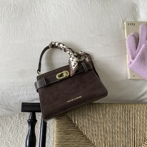 Vintage PU Handbag With Satin Scarf Decoration For Women Retro Suede Texture Shoulder Crossbody Bag Metal Turn-lock Fashion Satchel Bag
