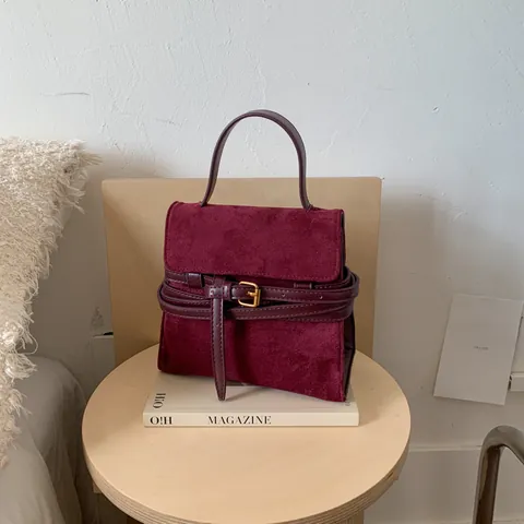 Women Vintage PU Suede Texture Handbag Retro Minimalist Flap Shoulder Crossbody Bag With Decorative Belt Buckle Square Bag