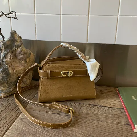 Vintage PU Handbag With Satin Scarf Decoration For Women Retro Suede Texture Shoulder Crossbody Bag Metal Turn-lock Fashion Satchel Bag