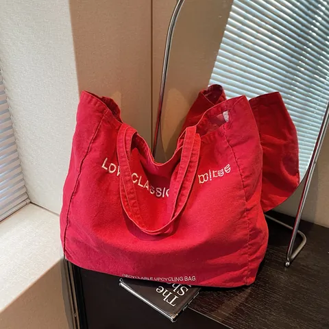 Sac Fourre-tout en Toile à Grande Capacité pour Femmes Motif Lettre Minimaliste Sac à Épaule Écologique pour Shopping Quotidien