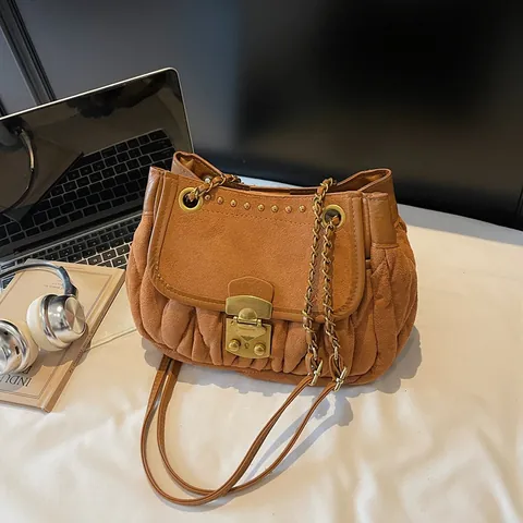 Vintage Pleated Faux Suede Shoulder Bag For Women Rivet Decor Metal Lock Chain Strap Crossbody Bag Casual Commute Handbag