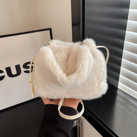 Women Fashion Faux Fur Bucket Bag Soft Plush Shirred Handbag Autumn Winter Casual Crossbody Shoulder Bag With Drawstring Closure