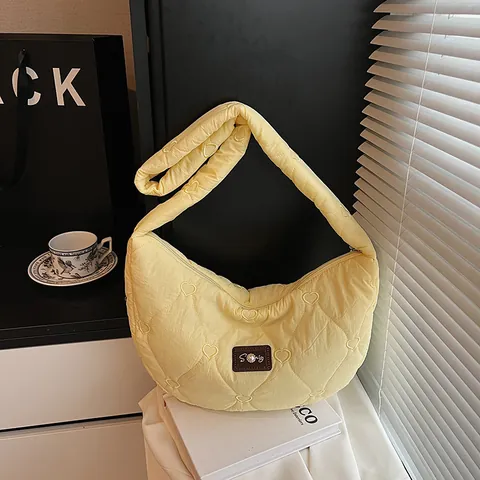 Women Casual Heart Quilted Nylon Hobo Bag Large Capacity Lightweight Crossbody Shoulder Bag Pearl Decor Zipper Closure