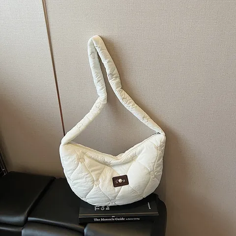 Women Casual Heart Quilted Nylon Hobo Bag Large Capacity Lightweight Crossbody Shoulder Bag Pearl Decor Zipper Closure