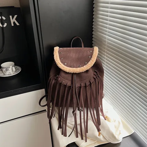 Sac à Dos Bohème en Suède Vintage pour Femme Café à Franges Avec Rivets Étoiles Bordure en Fausse Fourrure Sac d'École Grande Capacité