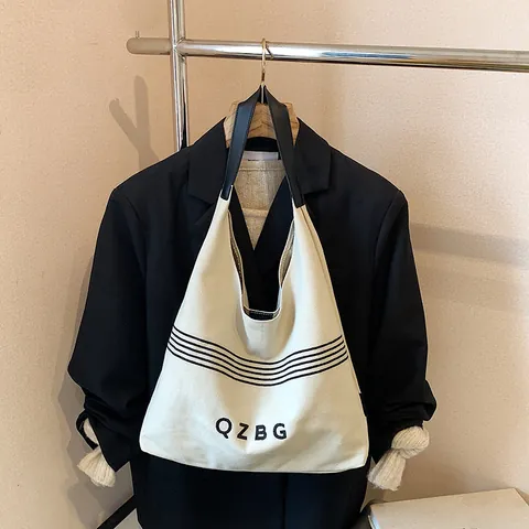 Retro Segeltuch Große Kapazität Tote Bag Und Beutel Für Damen Vintage Minimalistisch Gestreift Buchstaben Druck Umhängetasche