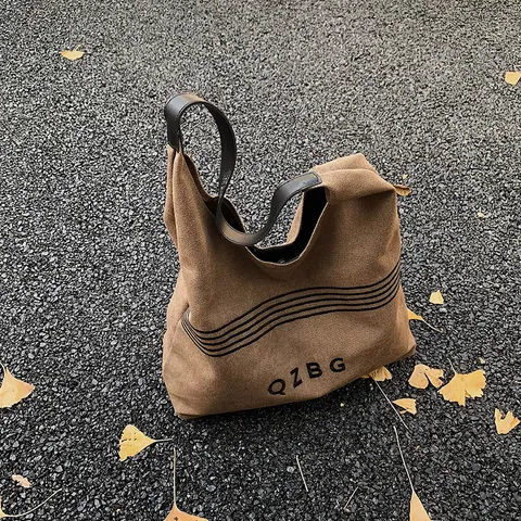 Retro Segeltuch Große Kapazität Tote Bag Und Beutel Für Damen Vintage Minimalistisch Gestreift Buchstaben Druck Umhängetasche
