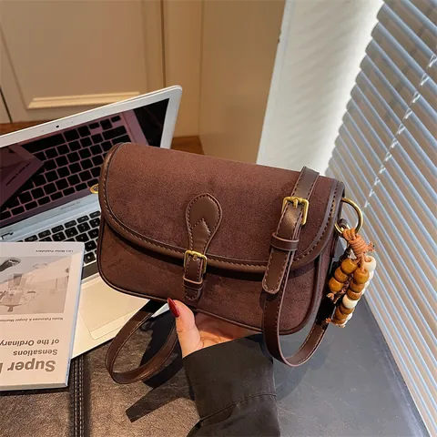 Women Retro Small Square Crossbody Bag Suede Texture PU Leather Fashion Commuting Shoulder Bag With Wooden Bead Charm