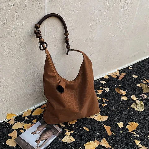 Damen Retro Wildleder Große Kapazität Tote Bag Holzperlen Gurt Leopardenmuster PU Leder Umhängetasche Für Büro Pendeln