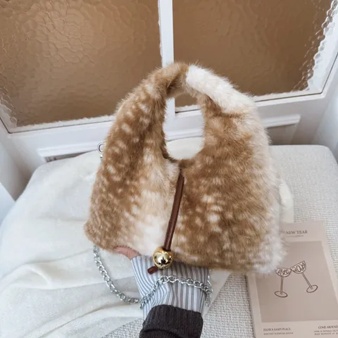 Women Fashion Plush Triangular Handbag Faux Fur Shoulder Bag With Golden Ball Charm Silver Chain Strap Casual Tote Bag