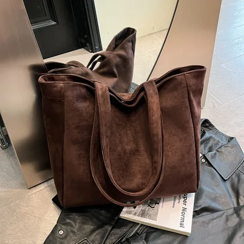 Bolso Tote de Gamuza de Gran Capacidad para Mujer Bolso de Hombro Minimalista de Color Sólido para Estudiantes Universitarios Bolso Retro