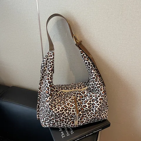 Large Capacity Leopard Print Tote Bag Vintage Suede Hobo Shoulder Bag For Women Fashion Commuter Shopping Bag With Adjustable Strap
