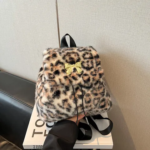 Zaino da Donna alla Moda con Stampa Leopardata in Pelliccia Sintetica Mini Borsa in Peluche con Fiocco d'Oro Accessorio Metallo