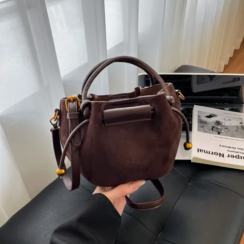 Women Minimalist PU Suede Bucket Bag Fashion Drawstring Crossbody Bag Retro Handbag With Metal Ball Decor Shoulder Bag
