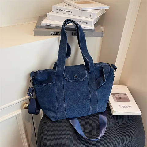 Women Denim Tote Bag Large Capacity Washed Denim Shoulder Bag Retro Casual Handbag For Commute School Everyday Use