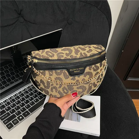 Vintage Women Crossbody Chest Bag Leopard Houndstooth Woven Fabric Small Square Bag With Metal Chain And Wide Adjustable Strap Fashion Commuting Shoulder Bag