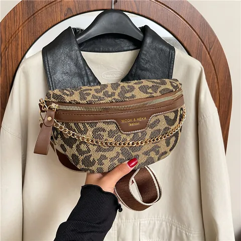 Vintage Women Crossbody Chest Bag Leopard Houndstooth Woven Fabric Small Square Bag With Metal Chain And Wide Adjustable Strap Fashion Commuting Shoulder Bag