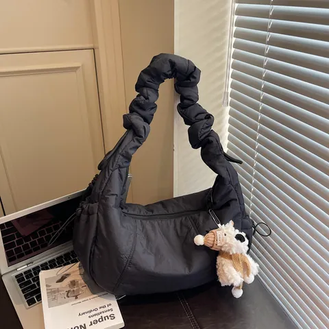 Women Quilted Puffer Shoulder Bag Nylon Pleated Cloud Crossbody Bag Large Capacity Fashion Tote With Cute Plush Pendant