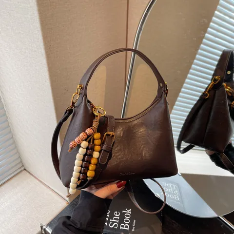 Women Vintage PU Leather Shoulder Bag Retro Hobo Underarm Handbag With Beaded Tassel Decor Daily Commute Fashion Crossbody Bag