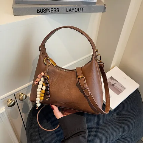 Women Vintage PU Leather Shoulder Bag Retro Hobo Underarm Handbag With Beaded Tassel Decor Daily Commute Fashion Crossbody Bag