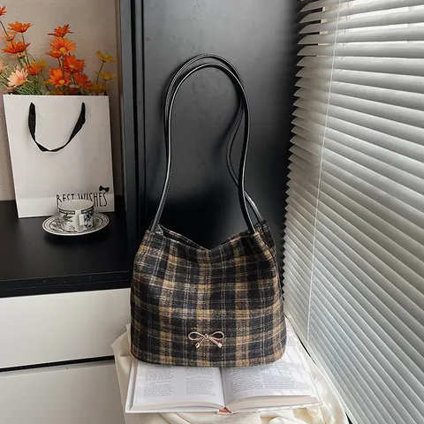 Women Retro Plaid Leopard Shoulder Bag Large Capacity Suede Woolen Fabric Tote Bag With Bow Tie Metal Decor Casual Bag