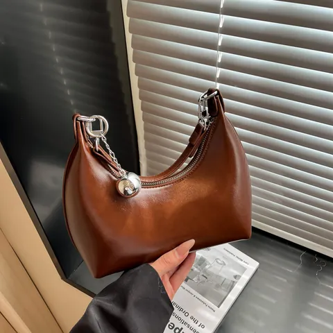 French Niche Women PU Leather Underarm Bag Vintage Minimalist Solid Color Shoulder Bag With Silver Metal Ball Charm