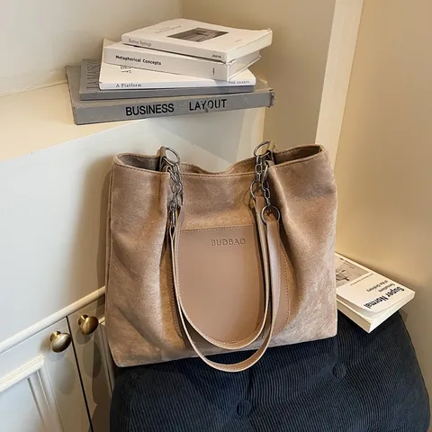 Women Large Capacity Suede Tote Bag Contrast PU Leather Shoulder Bag With Chain Strap Casual Commuting Travel Handbag