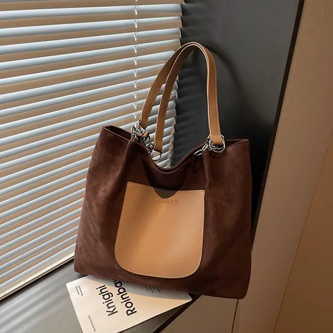 Women Large Capacity Suede Tote Bag Contrast PU Leather Shoulder Bag With Chain Strap Casual Commuting Travel Handbag