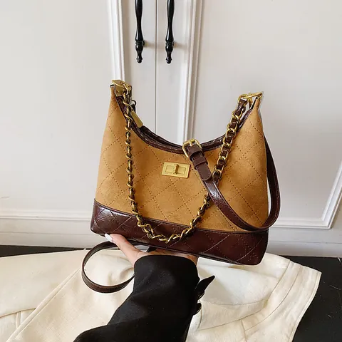 Bolso de Hombro Vintage Acolchado de Diamantes Color de Contraste Con Cadena de Metal para Mujer Bolso de Axila de Cuero PU y Gamuza Retro para Viaje