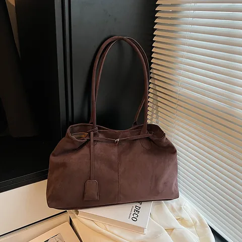 Women's Retro Faux Suede Tote Bag Large Capacity Minimalist Shoulder Bag Solid Color Elegant Commuter Handbag With Magnetic Buckle