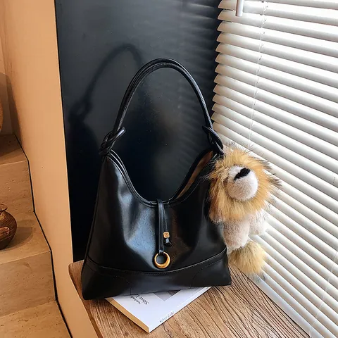 Vintage Large Capacity Suede Tote Bag Women Fashion Commuting Shoulder Bag With Lion Plush Pendant Retro Splicing Hobo Handbag