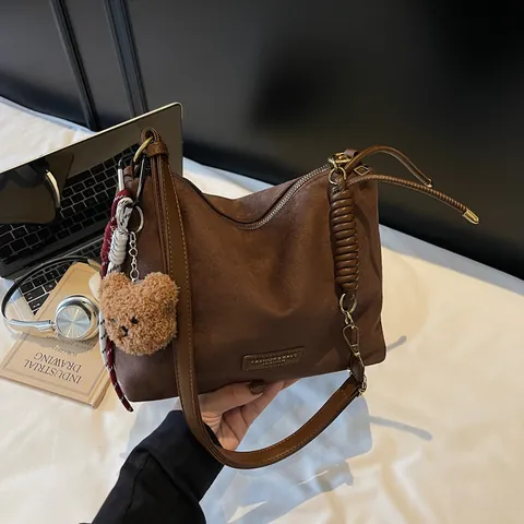 Women Retro Large Capacity Tote Bag Frosted Suede PU Leather Underarm Shoulder Bag With Bear Pendant Vintage Commuting Bag