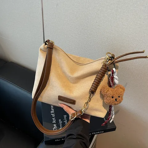 Women Retro Large Capacity Tote Bag Frosted Suede PU Leather Underarm Shoulder Bag With Bear Pendant Vintage Commuting Bag