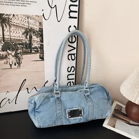 Vintage Washed Denim Shoulder Bag For Women Street Style Metal Plate Distressed Tote Bag Daily Underarm Boston Bag