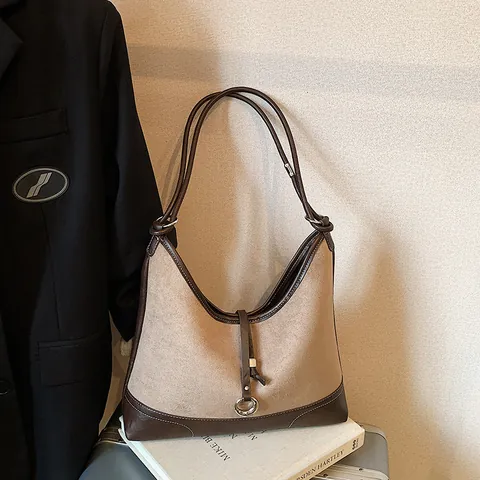 Vintage Wildleder Kunstleder Spleißen Tote Tasche Für Damen Große Kapazität Hobo Tasche Mit Metallring Dekor Minimalistische Schultertasche